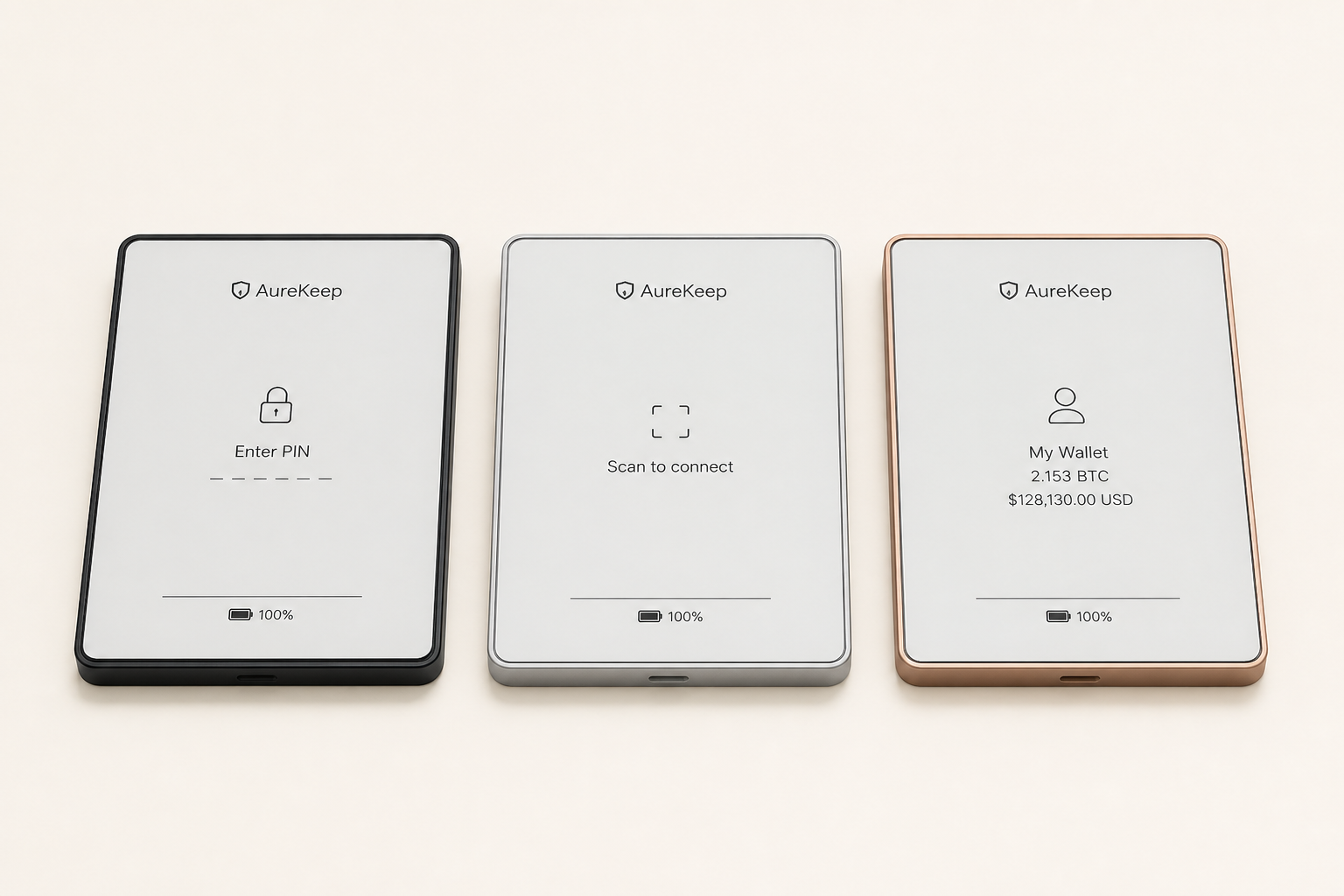 Three thin AureKeep hardware finishes in Black Iron, Diamond, and Rose Gold